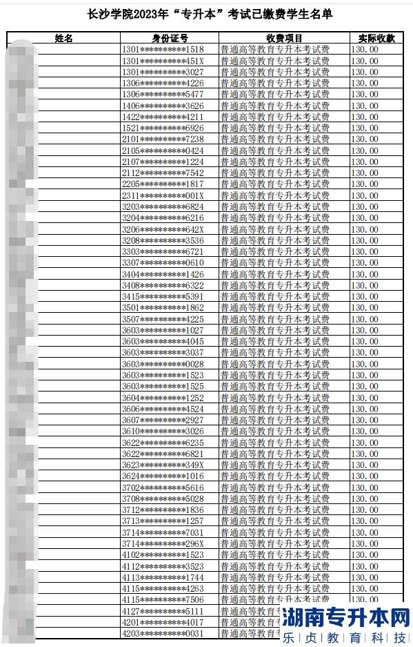 2023年长沙学院专升本已缴费学生名单公示(图2)